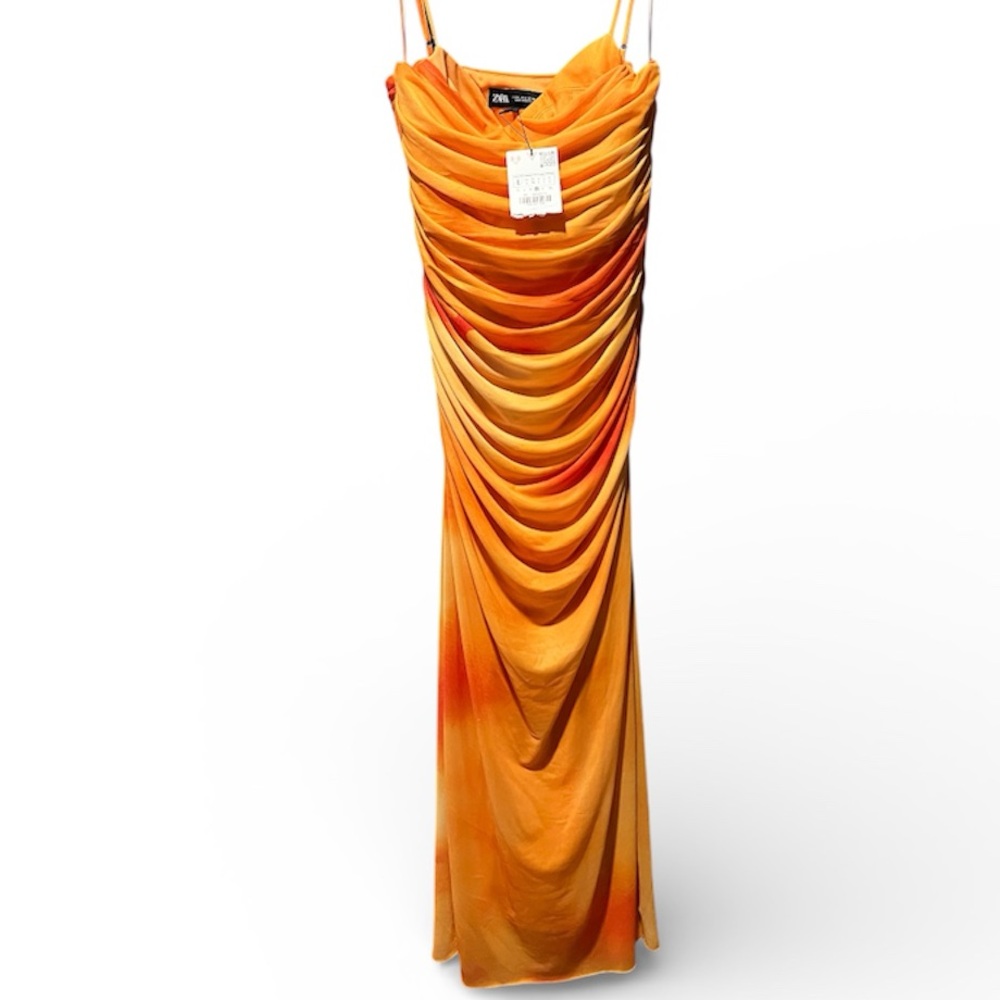 Zara Orange to Yellow Ombre Strapless Draped Maxi Dress